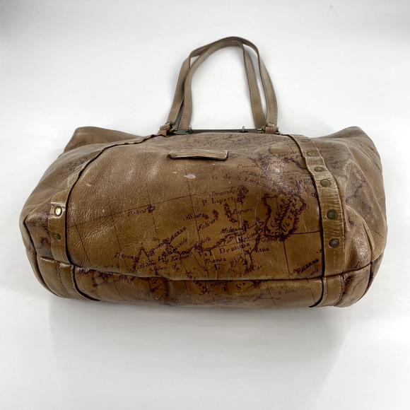 Patricia Nash Benvenuto Tote Signature Map Brown Leather Antique Brass Hardware - Picture 13 of 14